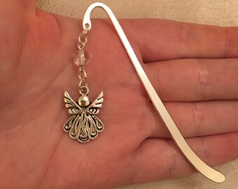 Silver bookmark with bead and angel charm, silver angel bookmark