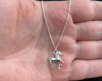 May include: A silver chain necklace with a small silver horse pendant.