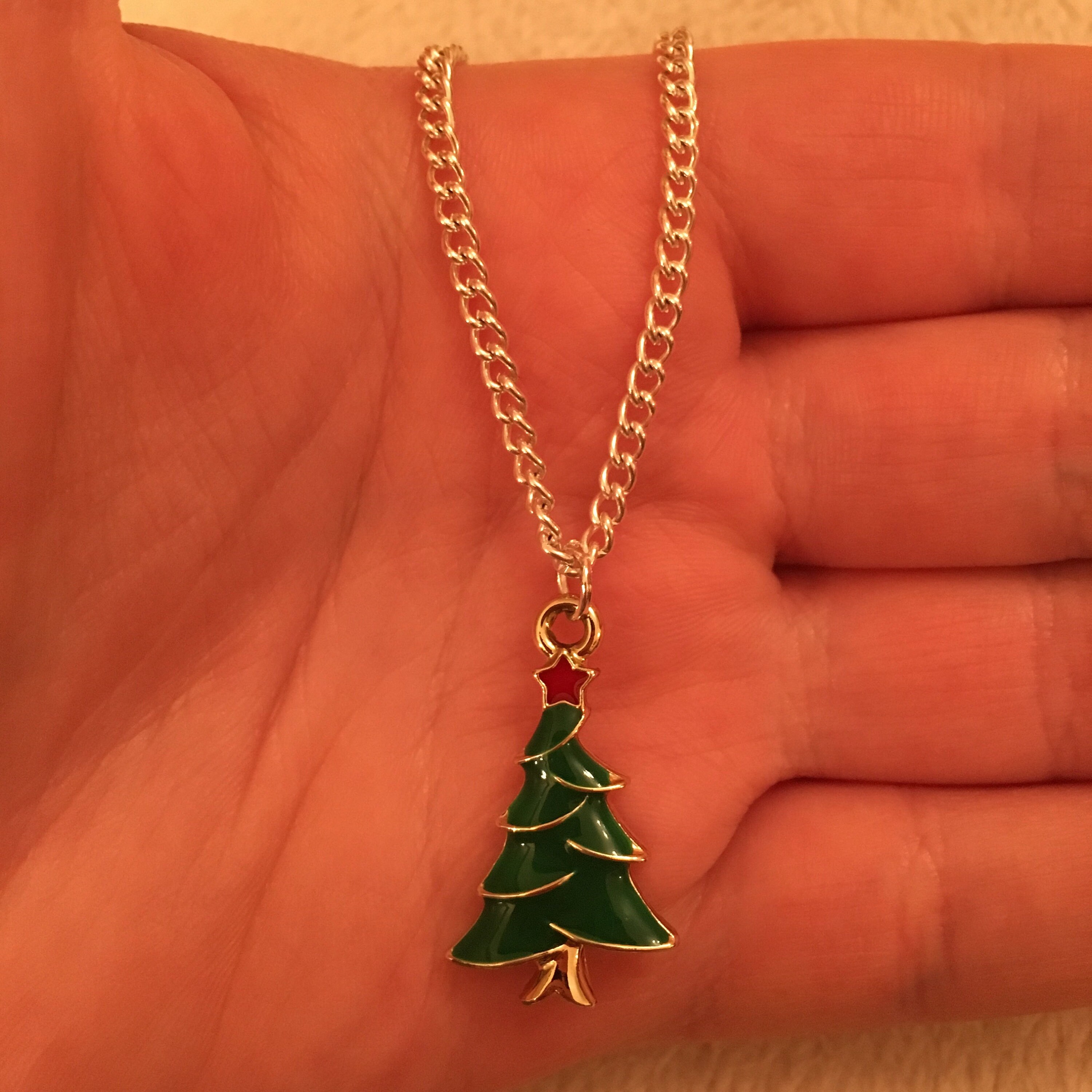 Silver Chain Necklace With Christmas Tree Charm, Christmas Tree