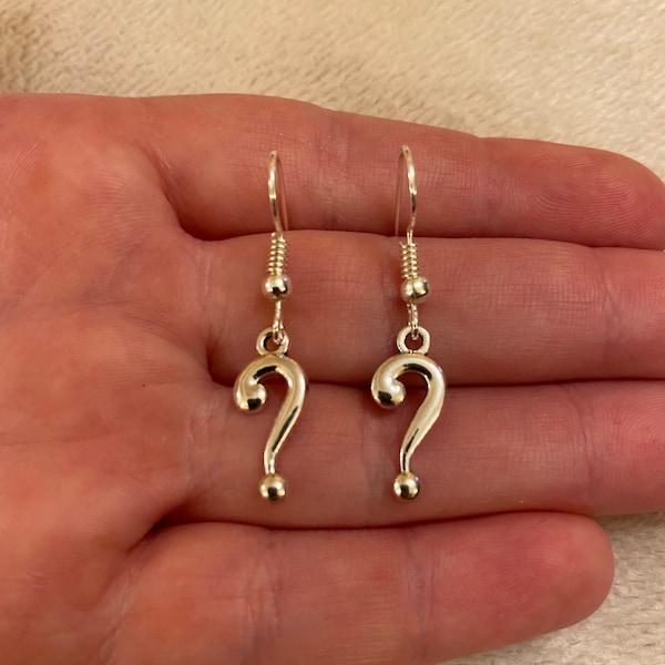 Silver dangle/ drop earrings with silver question mark charms, silver question mark earrings, secret Santa gift, stocking filler