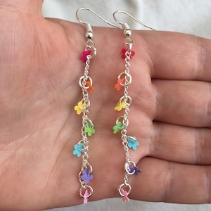 Silver dangle/ drop chain earrings with rainbow flower sequins, rainbow flower earrings, daisy chain earrings, rainbow earrings, festival