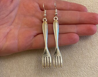 Silver dangle/ drop earrings with big fork charms, big fork earrings, cutlery earrings, quirky earrings