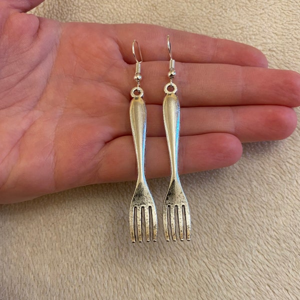 Silver dangle/ drop earrings with big fork charms, big fork earrings, cutlery earrings, quirky earrings