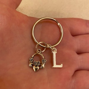 Silver keyring with claddagh charm and initial charm, claddagh key ring, initial key ring, st Patrick’s day gift