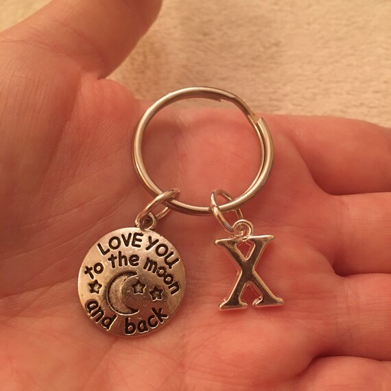 Love you to the moon and back key ring/ key chain with initial charm,  initial key chain, personalised key ring