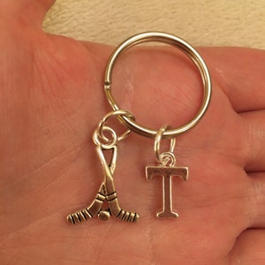 Silver key ring with hockey sticks charm and silver letter, hockey key ring, initial key ring, personalised key ring, stocking filler
