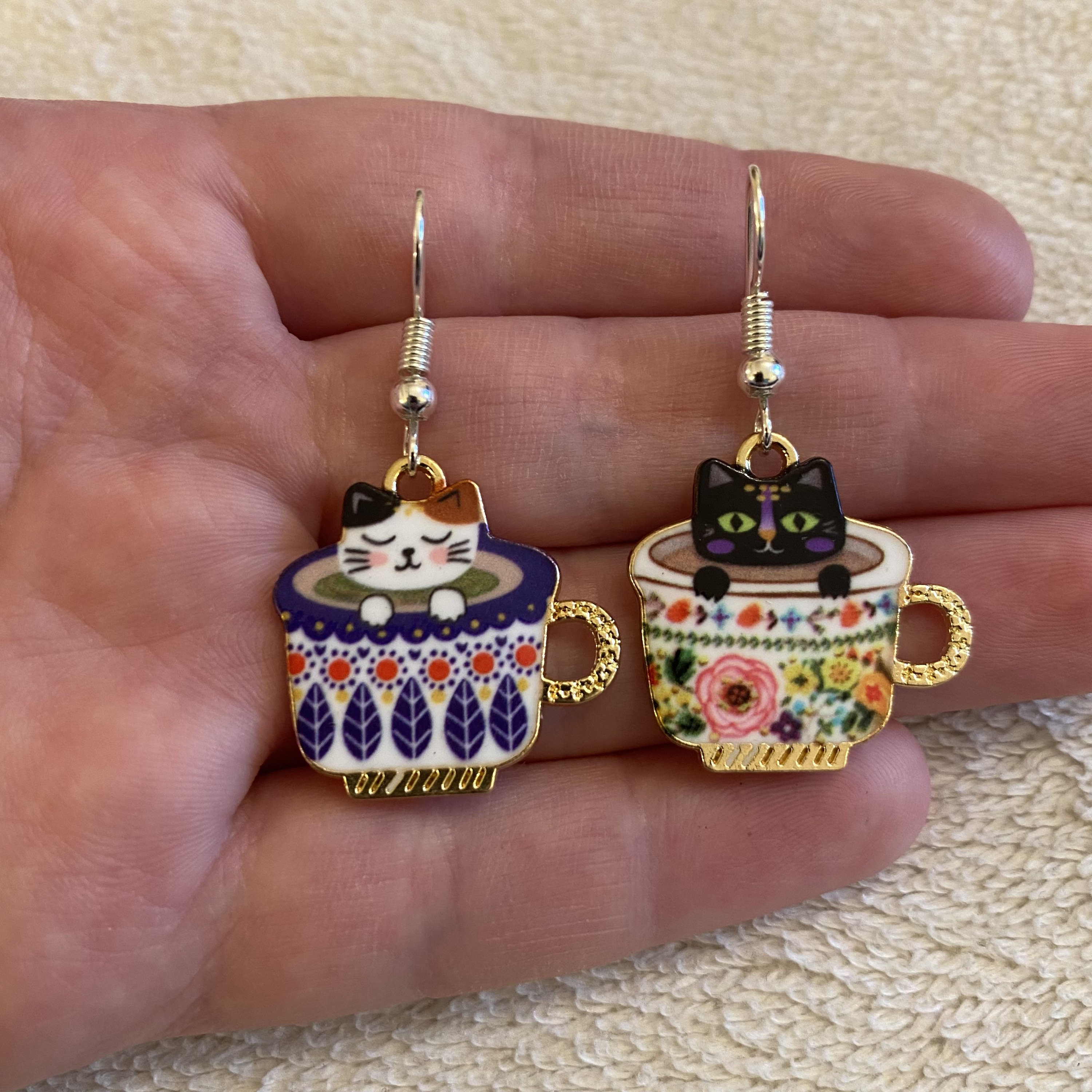 Silver dangle/ drop earrings with mismatch cat in a teacup charms, cat earrings, cat jewellery, mismatch earrings