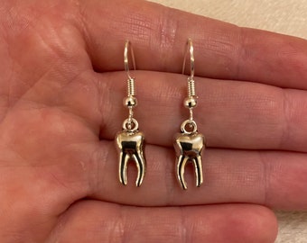 Silver dangle/ drop earrings with tooth charms, tooth earring, teeth earrings, tooth jewellery, teeth jewellery, dentist earrings