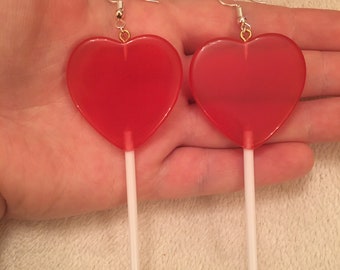 Silver dangle/ drop earrings with heart lollipop charms in a variety of colours, red heart lollipop earrings, lollipop heart earrings