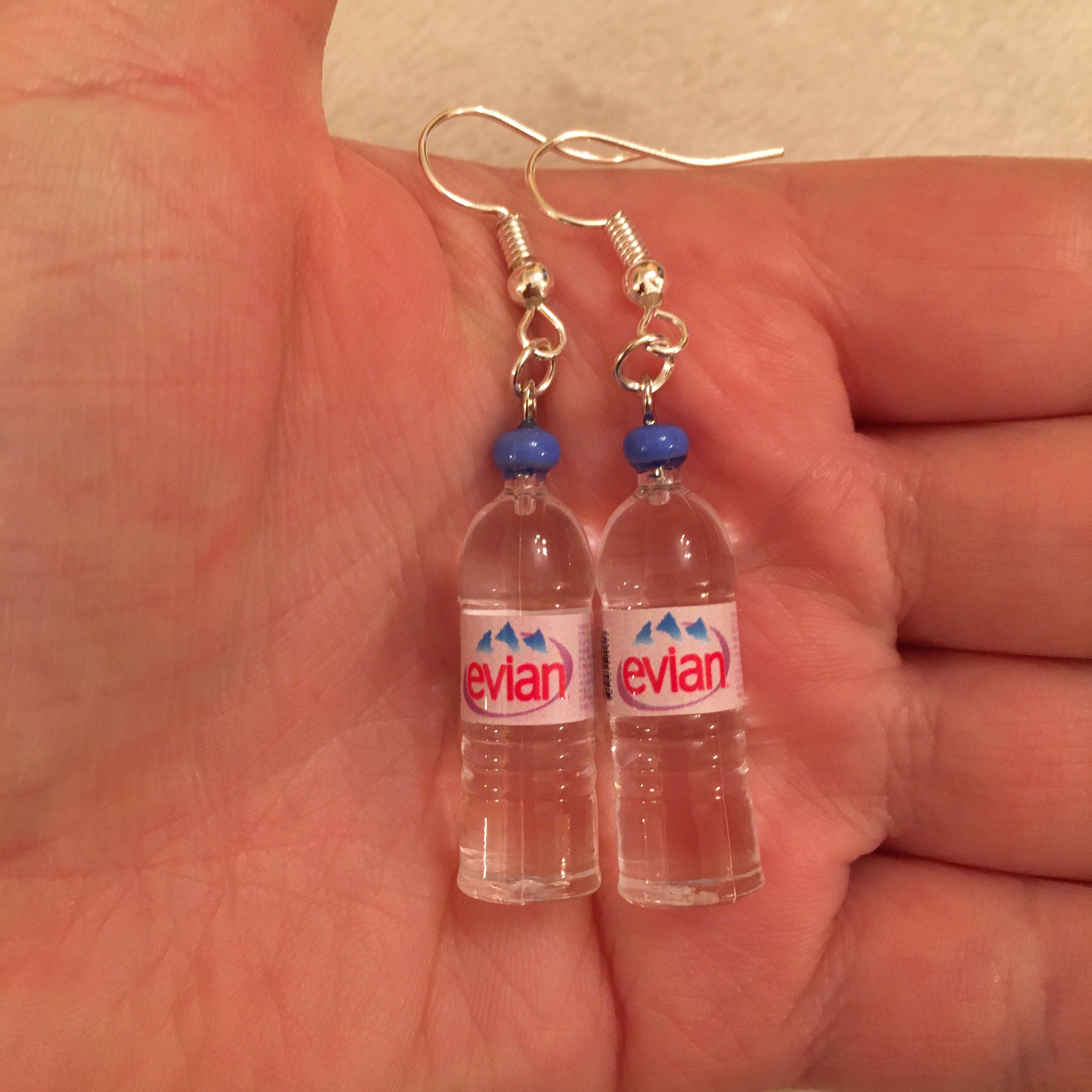 Silver dangle/ drop earrings with Evian water bottle charms Etsy