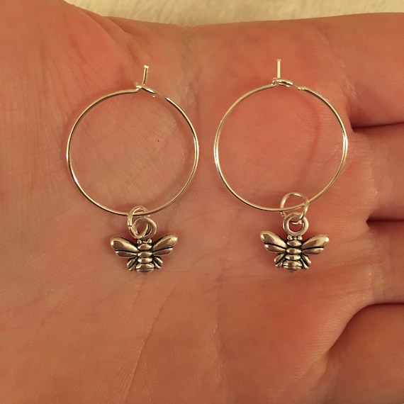 Silver bee hoop earrings deals