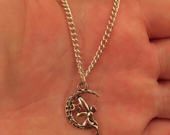 Silver chain necklace with fairy on the moon charm, fairy necklace, moon necklace, fairy jewellery, moon jewellery