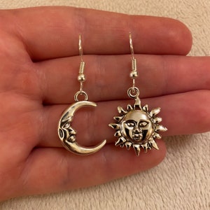 Silver dangle/ drop earrings with sun and moon charms, smiling moon earrings, sun earrings, sun and moon earrings, celestial earrings