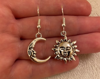 Silver dangle/ drop earrings with sun and moon charms, smiling moon earrings, sun earrings, sun and moon earrings, celestial earrings