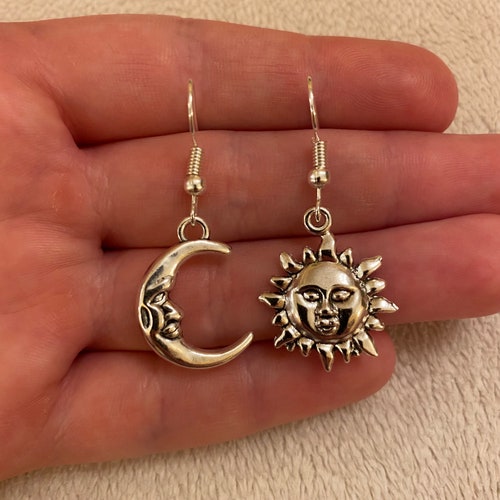 Beautiful Romantic Celestial Pair Sun and Moon Silver Dangle Earrings. 