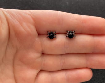 Sterling Silver Spider Stud Earrings: Black Zircon Accent