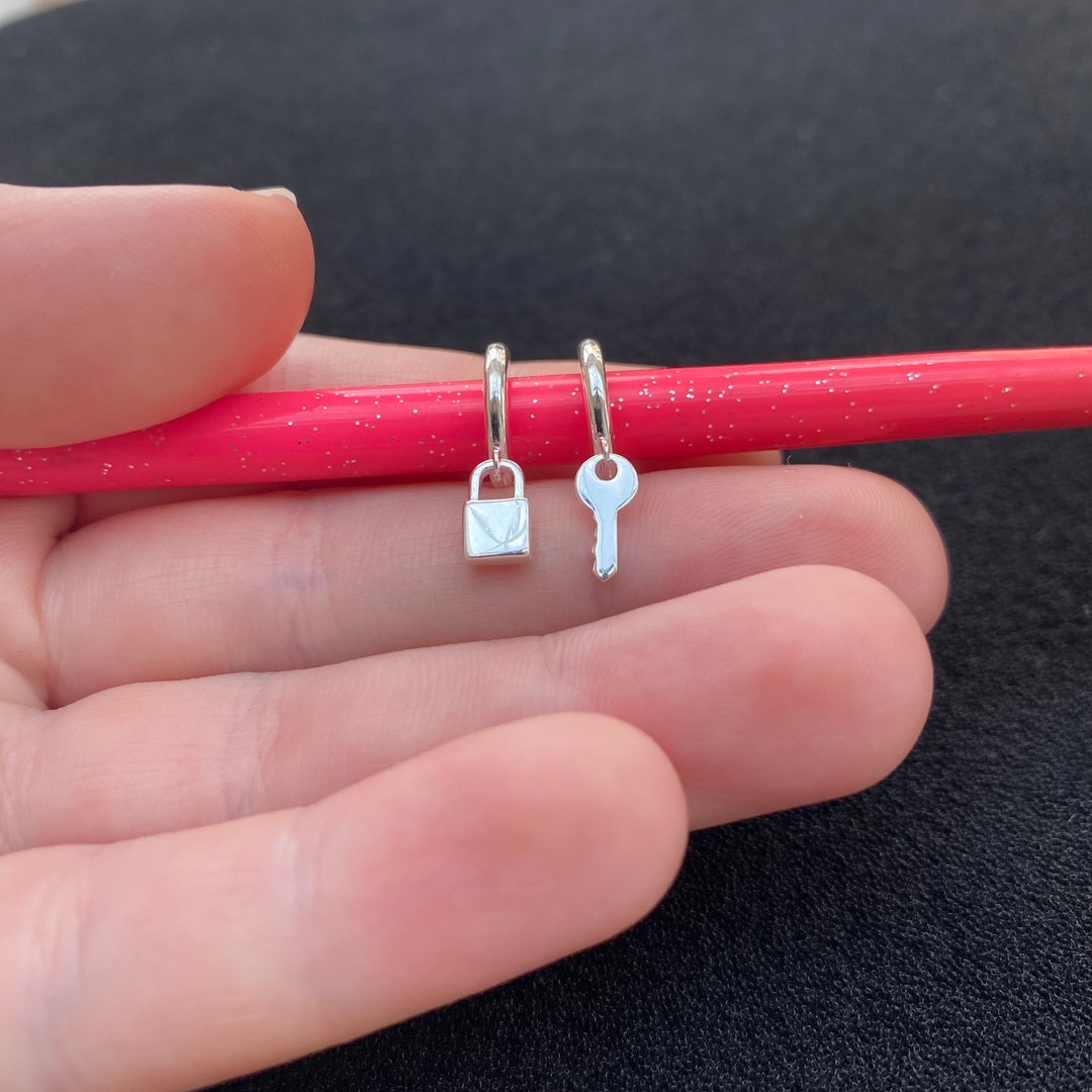 Sterling Silver Lock and Key Huggie Hoop Earrings, Sterling Silver Lock