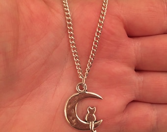 Silver Plated Cat on the Moon Necklace