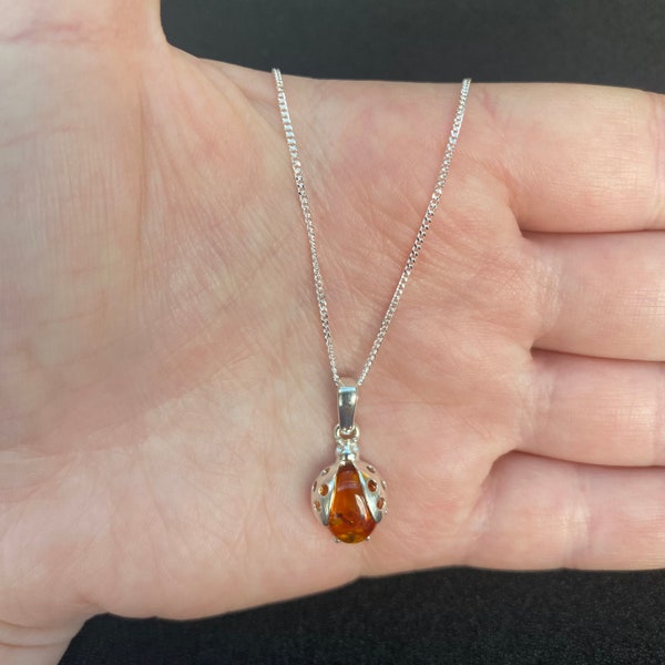 Sterling silver amber ladybird necklace, sterling silver ladybird jewellery, sterling silver ladybird necklace