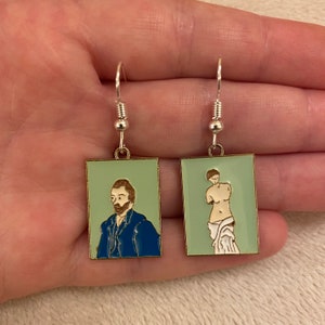 Silver dangle/ drop earrings with famous paintings charms, famous paintings earrings, mismatched earrings, stocking filler, art earrings