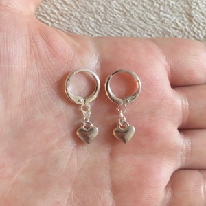 Silver huggie hoop earrings with silver heart charms, silver heart earrings, heart huggie hoops, silver heart huggie hoops