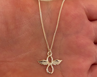 Collana a catena in argento sterling con ciondolo infinito a forma di ali d'angelo, collana infinito in argento sterling, collana a forma di ali d'angelo in argento sterling