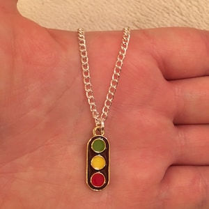 Silver chain necklace with traffic light charm, traffic light necklace
