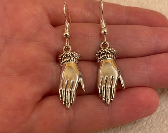 Silver dangle/ drop earrings with silver hand charm, silver hand earrings