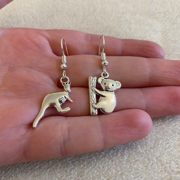 Silver dangle/ drop earrings with koala and kangaroo charms, koala earrings, kangaroo earrings, Australian earrings