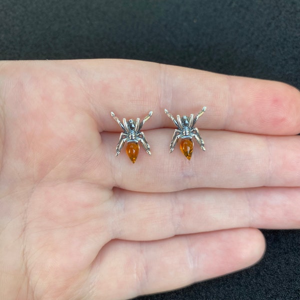 Sterling silver amber spider studs, sterling silver spider earrings, sterling silver spider jewellery