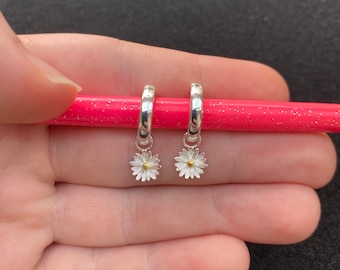 Sterling Silver Daisy Huggie Hoop Earrings