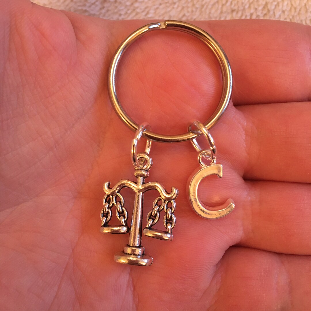 Silver Key Ring With Silver Scales of Justice Charm and Silver Letter
