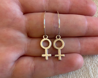 Silver 20mm hoop earrings with female symbol charms, silver female symbol earrings, female symbol jewellery, girl power earrings