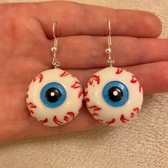 Silver dangle drop earrings with eyeball charms eyeball earrings Halloween earrings