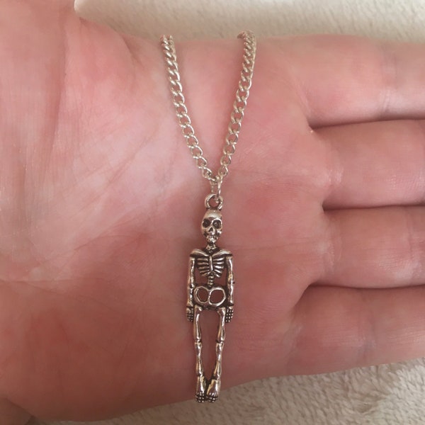 Silver chain necklace with silver skeleton charm, silver skeleton necklace