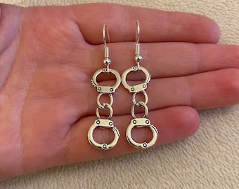 Silver Handcuff Dangle Earrings, Quirky Jewelry