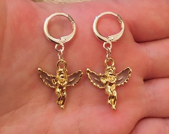 Silver huggie hoop earrings with gold cherub/ angel/ Cupid charm with pink wings, cherub huggie hoop earrings, angel huggie hoop earrings
