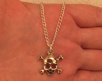 Silver chain necklace with skull and crossbones charm, skull and crossbones necklace, skull jewellery, skull necklace, crossbones necklace