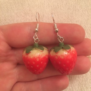 Silver dangle/ drop earrings with strawberry charms, strawberry earrings, fruit earrings, miniature food jewellery