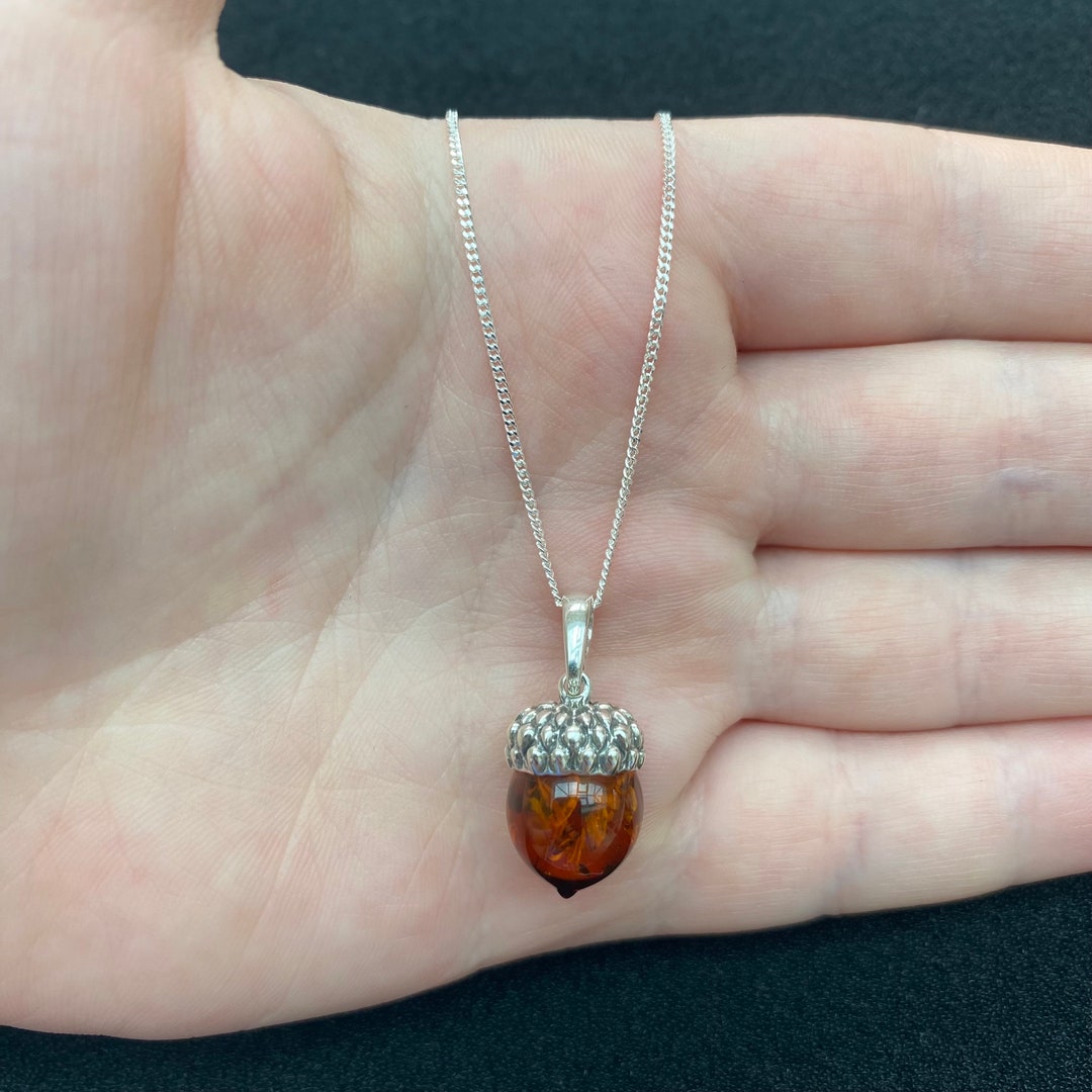 Sterling Silver Amber Acorn Necklace Curb Chain Jewellery Etsy