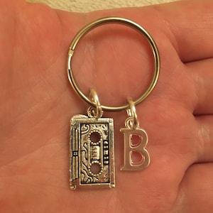 Silver key ring with cassette tape charm and silver letter, personalised key ring, mixtape key ring, initial key ring, music lover gift