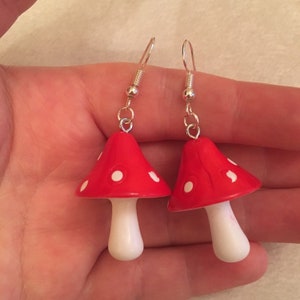 Silver dangle/ drop earrings with red and white mushroom/ toadstool charms and other colours, mushroom earrings, toadstool earrings