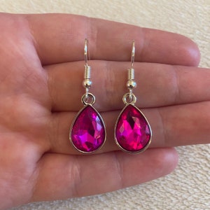 Silver dangle/ drop earrings with pink teardrop rhinestones, pink teardrop earrings