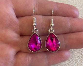 Silver dangle/ drop earrings with pink teardrop rhinestones, pink teardrop earrings