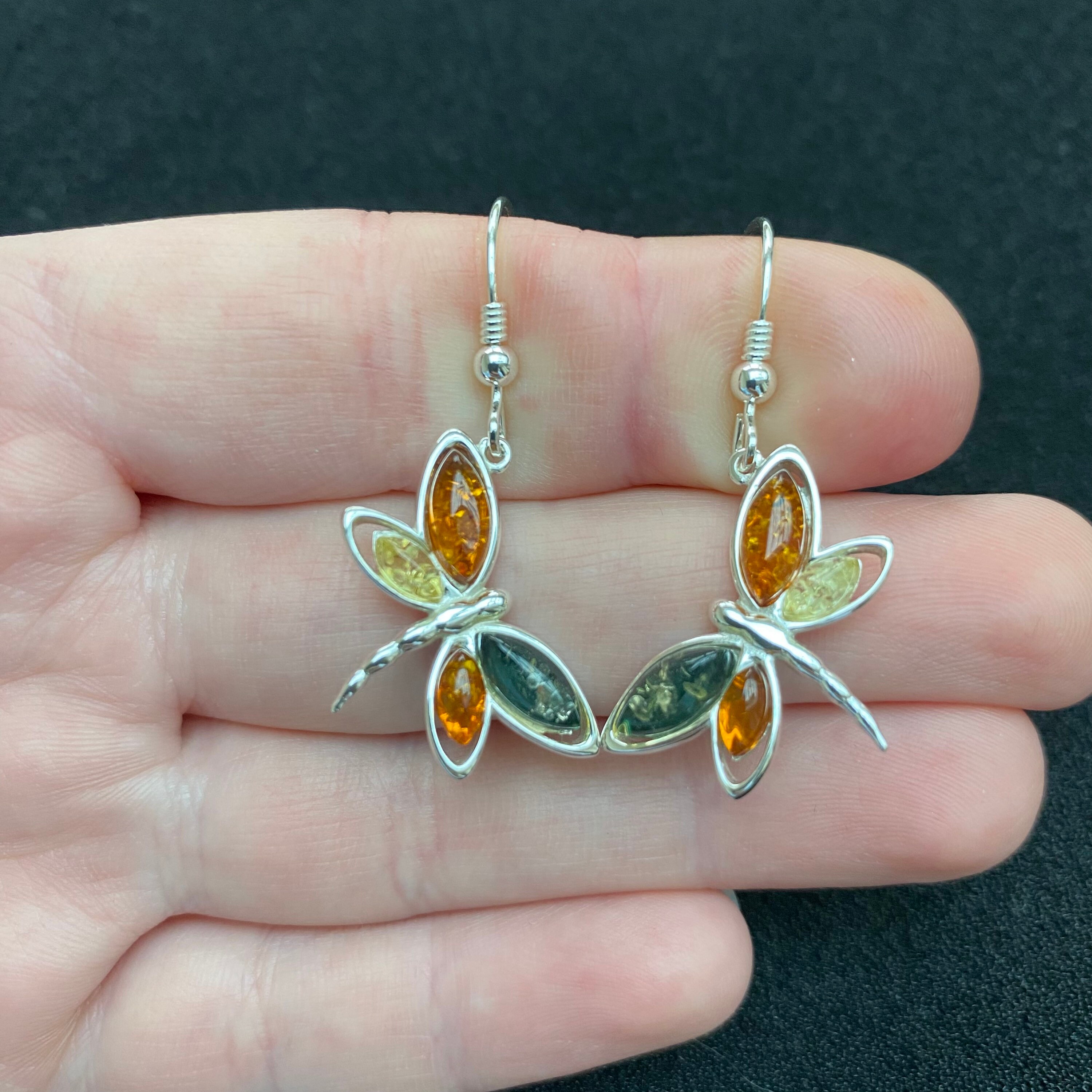 Orecchini pendenti a forma di libellula in argento sterling: gioielli in ambra mista - Italia