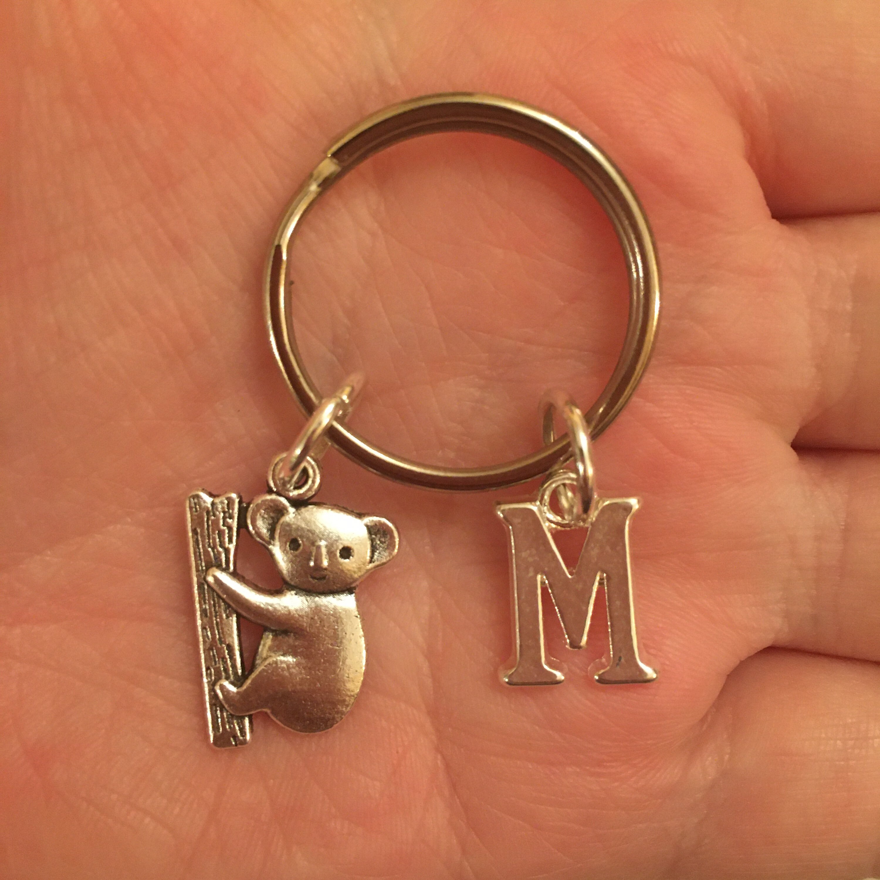 Silver key ring with silver koala charm and silver letter | Etsy
