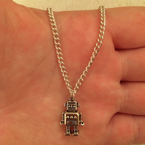 Silver chain necklace with silver robot charm, silver robot necklace, robot jewellery