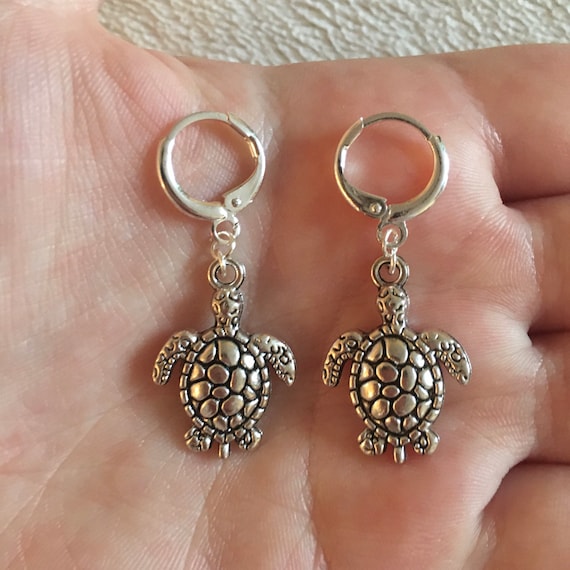 Silver huggie hoop earrings with silver turtle charms 10mm hoops turtle earrings