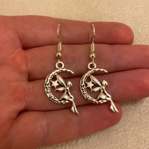 Silver dangle/ drop earrings with silver moon and fairy earrings, moon earrings, fairy earrings, stocking filler, secret Santa gift