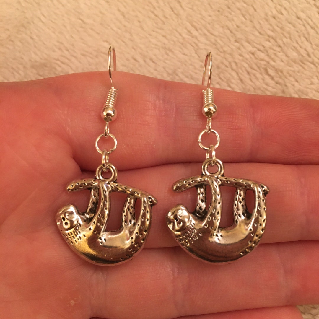 Sloth Back Earser Silver Dangle/ Drop Earrings With Sloth Charms, Sloth Earrings, Sloth ...